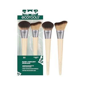 EcoTools Blush + Highlight Brush Duo, Makeup Brushes For Liquid, Cream, & Powder Highlight & Blush, Enhance Natural Skin, Eco-Friendly Makeup Brush Set, Synthetic Bristles, 2 Piece Set